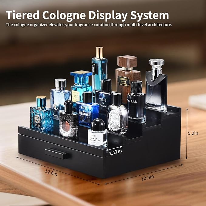 Perfume Organizer for Men, 4 Tier Wood Perfume Display Stand with Velvet Lining Drawer and Hidden Compartment for Watch,Jewelry,Perfume Display Risers,A Gift for Men (Black)