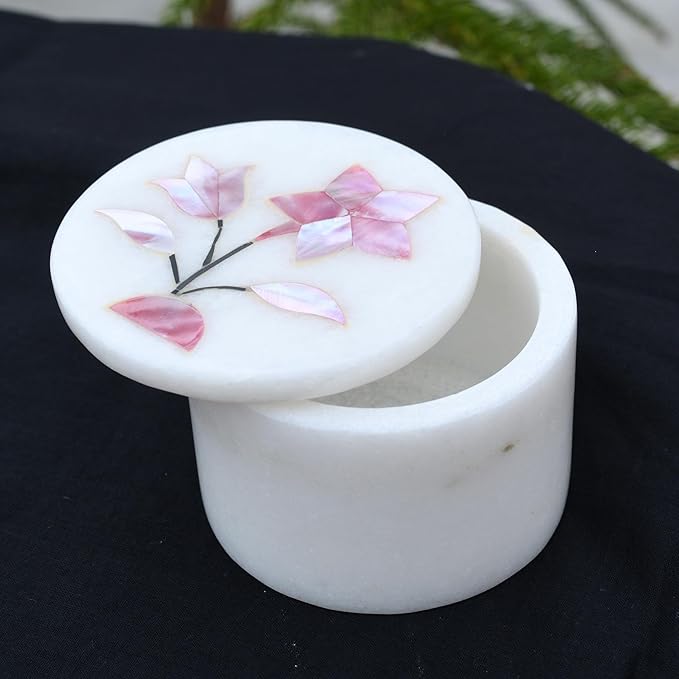 Marble Round Small Jewelry Box 2.5 Inch – Hand Carved Floral Design with Mother of Pearl Inlay – Alabaster Trinket Box, Makeup Organizer & Jewelry Holder – Decorative Gift for Women