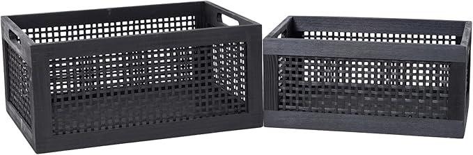 Wooden Storage Baskets,Black Woven Bamboo Basket Nesting Boxes with Built-in Handle for Pantry, Kitchen,Living Room,Shelves,Set of 2