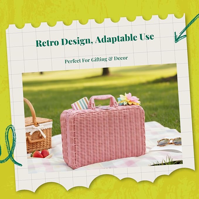 Handwoven Rattan Storage Basket with Handles, Vintage Decorative Suitcase Box for Gift Packaging, Home Organization, Photography Prop, Multipurpose Large Capacity