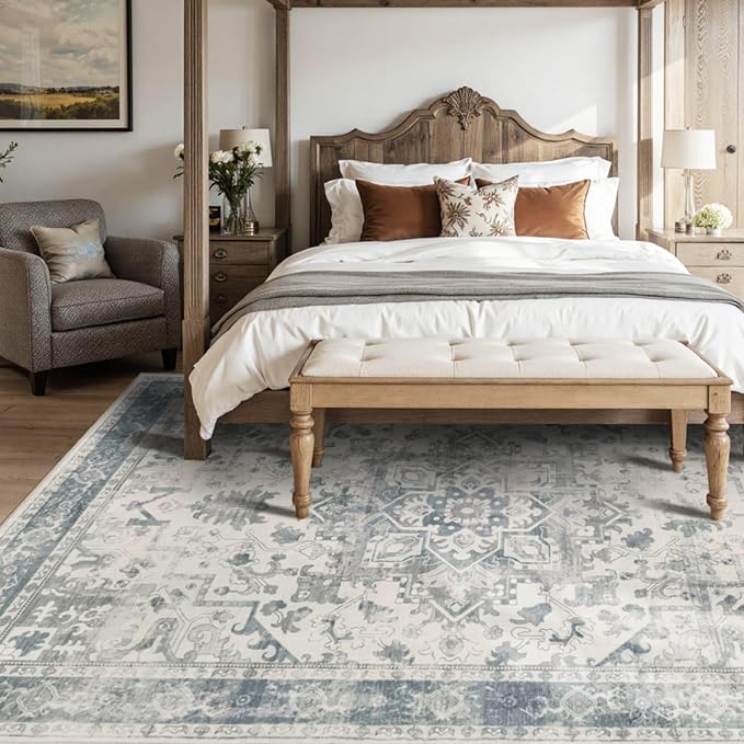 Rugxara 6x9 Washable Area Rug for Living Room, Neutral Vintage Large Boho Rugs for Office, Dining Room, Kids Room, Farmhouse, Durable Low Pile Non Slip Carpet for High Traffic Areas, Light Blue Grey