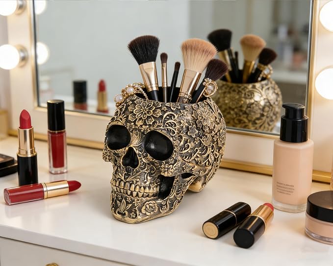 Skull Bowl Decorative Skull Vase Makeup Brush Pen Holder Organizer Dresser Gothic Table Organizer Decoration, Antique Gold Skull Pot Enthusiasts Gifts