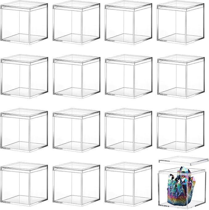 16 Pcs Clear Small Acrylic Box Plastic Acrylic Square Cube with Lid, 2.95×2.95×2.95 inches Gifts Box Storage Containers Display Box for Cosmetics, Jewelry, Party Favors, Makeup, and Tiny Item