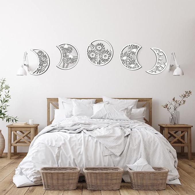 Jetec 5 Pcs Moon Phase Wall Art Decor Wall Pediments Hanging Wooden Phase Spiritual Bedroom Nordic Boho Lunar Aesthetic Art for Living Room Dorm Apartment Ornament(White,10.6 Inch,Flower)