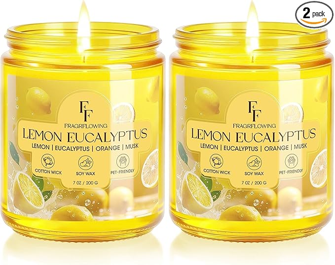 Lemon Eucalyptus Scented Candle, Natural Soy Wax Jar Candle for Home Scented, 100-Hour Burn Time Gifts for Women Men, 7 oz (2 Pack)
