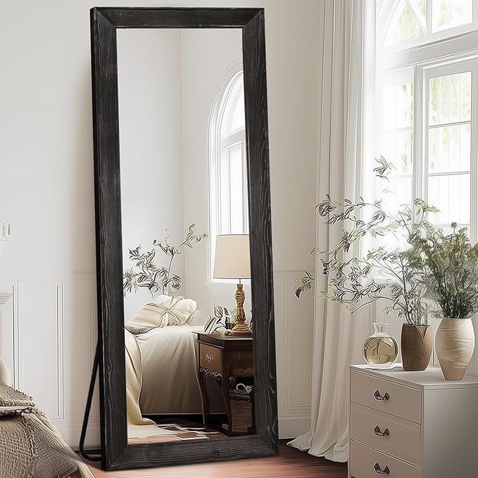 Full Length Mirror 65"x24" - Beveled Edge Rustic Black Dressing Mirror, Solid Wood Frame, Wall Mounted or Standing for Bedroom, Entryway, Living Room