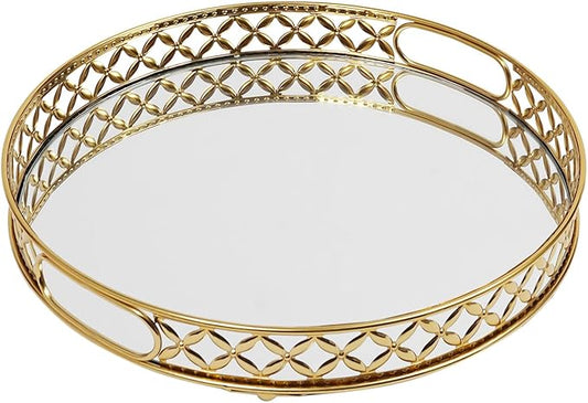 12.6 Inch Round Gold Mirrored Vanity Tray,Metal Mirror Decorative Jewelry Storage Tray,Perfume Makeup Organizer Trays for Dresser Bathroom Counter Home Decor