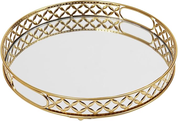12.6 Inch Round Gold Mirrored Vanity Tray,Metal Mirror Decorative Jewelry Storage Tray,Perfume Makeup Organizer Trays for Dresser Bathroom Counter Home Decor (Round)