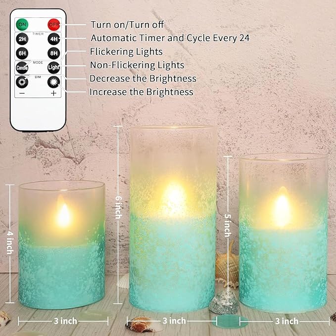 Blue Flameless Candles with Remote Aqua Glass Handmade Sandblast Battery Operated Candles Flickering Decorative LED Pillar Candles for Home Bathroom Coastal Theme Wedding Decorations