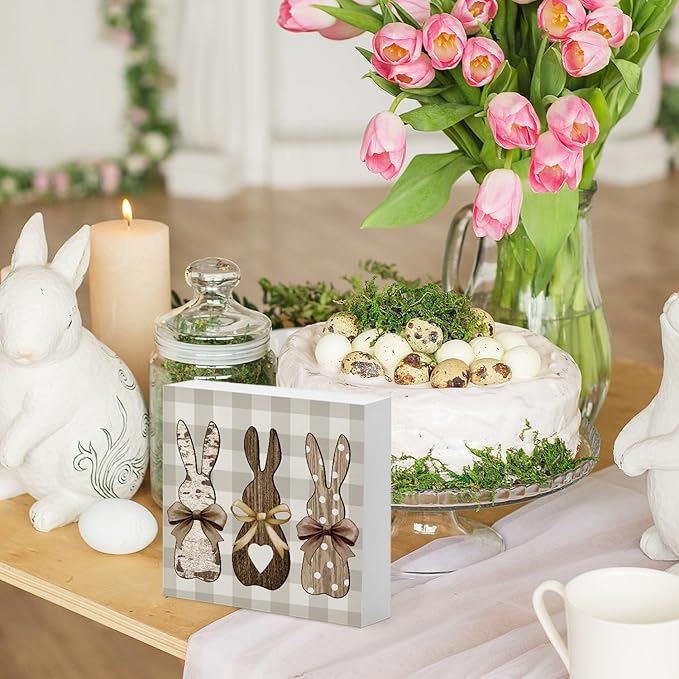 Easter Decor, Rabbit Wooden Box Sign, Rustic Easter Tiered Tray Decorations, Farmhouse Bunny Rabbit Decorative Table Centerpiece Sign for Party Home Kitchen Dining Table Decor 5x5