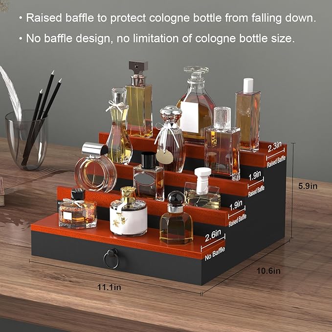 upcessory Cologne Organizer for Men, 4 Tier Perfume Stand, Cologne Shelf with Drawer and Hidden Compartment Perfume Display Holder, A Gift for Men