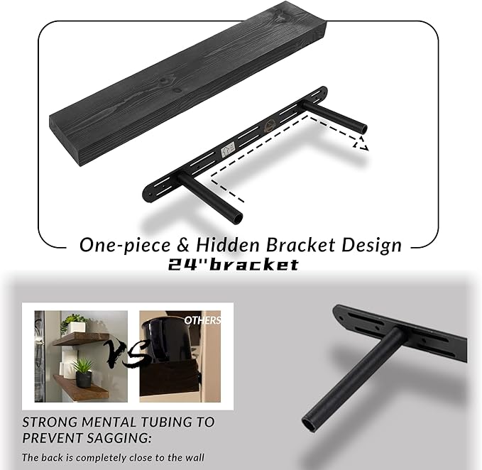 24 Inch Floating Shelves,8-in Deep High-End Solid Wood Floating Shelves for Wall Set of 2,Black Floating Shelves for Bathroom Bedroom Kitchen, with Sturdy Hidden Bracket, Black