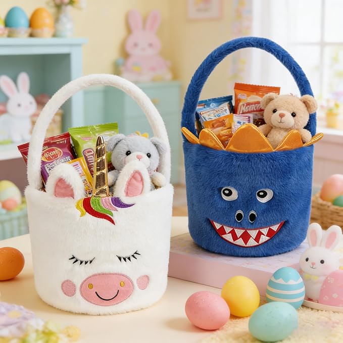 DearSun 2 Pcs Easter Basket Dinosaur & Unicorn Plush Baskets, Easter Egg Hunting Basket for Kids Gifts Party Decoration Supplies, Dia 8" * H 15.7"