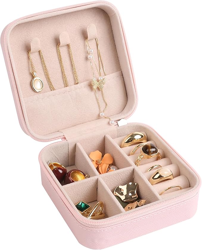 OceeK Travel Jewelry Case, PU Leather Small Jewelry Box,Portable Travel Jewelry Organizer Storage Case,Pink,1 Pack