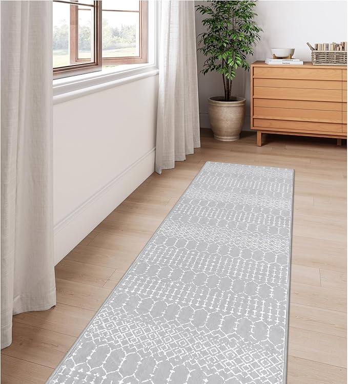Lahome Moroccan Washable Rug Runner 2x10 Non-Slip Runner Rug for Kitchen Stain Resistant Grey Carpet Runners for Hallway 10Ft, Modern Geometric Print Soft Floor Carpet for Bathroom Entryway Foyer Hana