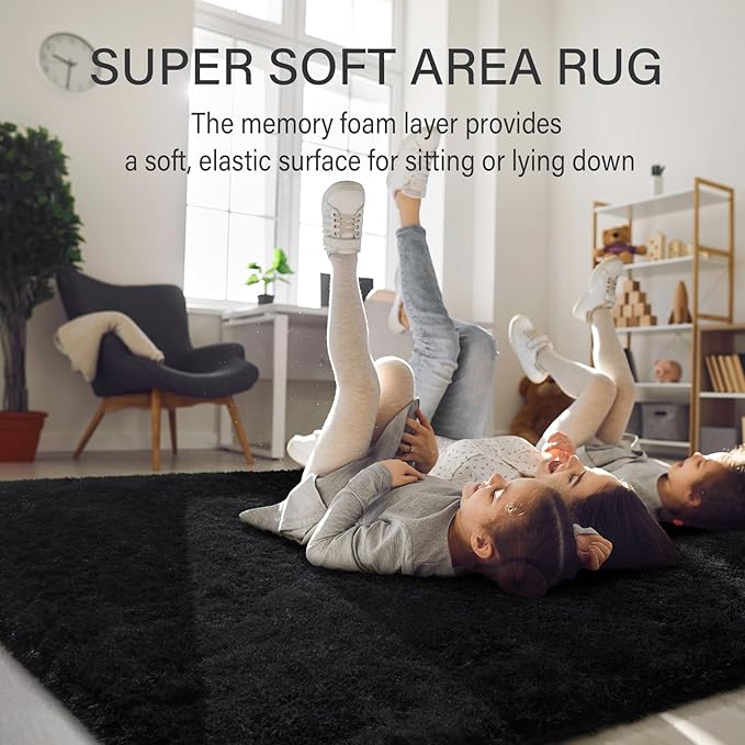 BENRON Fluffy Black Rugs for Living Room Bedroom 4x6, Soft Plush Fuzzy Shaggy Rugs for Kids Girls Boys Room Decor, Washable Indoor Floor Carpets