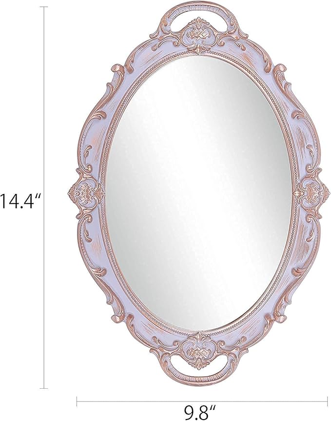 Oval Decorative Mirror Tray, French Style, Makeup Organizer, Jewelry Organizer, Serving Tray, 9.8"x 14.6", Golden Grey