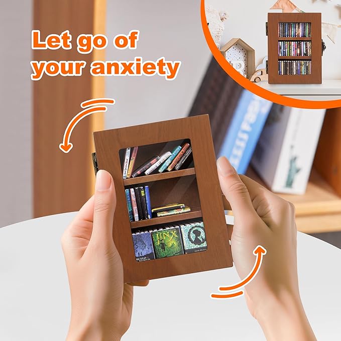 Anxiety Mini Bookshelf Mini Books with 60PCS Wooden Miniature Book Library for Stress Relief, Home and Office Decor, Unique Gift for Book Lovers - Brown