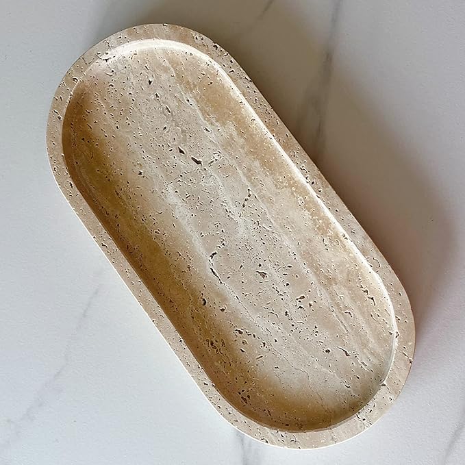 Natural Marble Oval Tray Ornaments Vintage Small Tray Storage Dish for Counter, Vanity, Dresser, Nightstand and Desk (Beige Travertine)