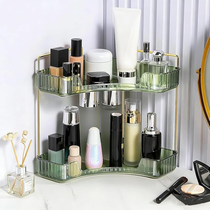 Multi-Tier Corner Countertop Organizer Rack, 3 Tier Corner Bathroom Counter Organizer, 90° Space-Saving Makeup Organizer Shelf, Tool-Free Installation for Cosmetic, Dresser, Kitchen (Green-2tier)