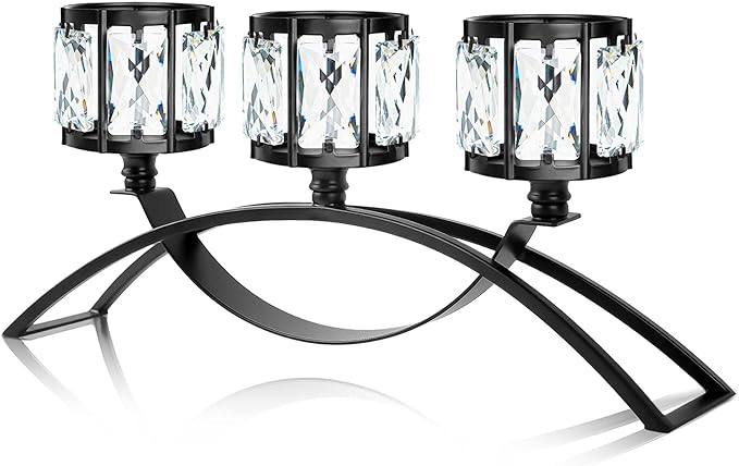 Black 3-Arm Crystal Candle Holders Arched - Elegant Tabletop Candelabra Centerpiece for Weddings, Dining Room Decor, Modern Home & Cabinet Display for & Housewarming