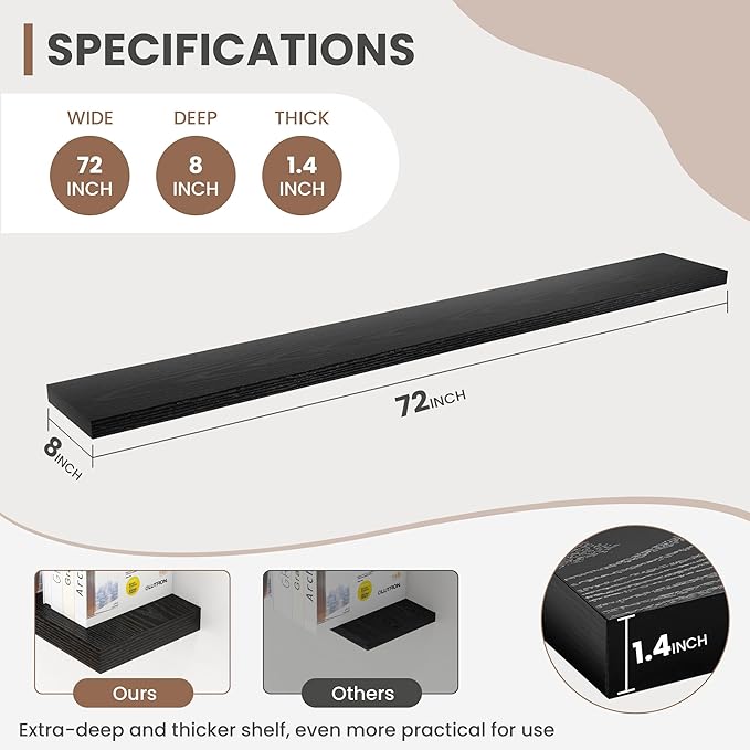 Acovy 72 Inch Floating Shelves, 8 Inch Deep Floating Shelves for Wall, Hanging Shelf with Invisible Brackets, Deep Shelves for Bathroom, Bedroom, Living Room, Black, Set of 1