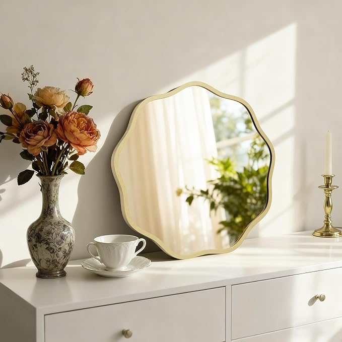 HOMECOOKIN 20 Inch Wavy Round Wall Mirror, Round Wavy Wall Mirror with Aluminum Frame for Bathroom Upgrades, Hotels, Dressing Tables,Farmhouses