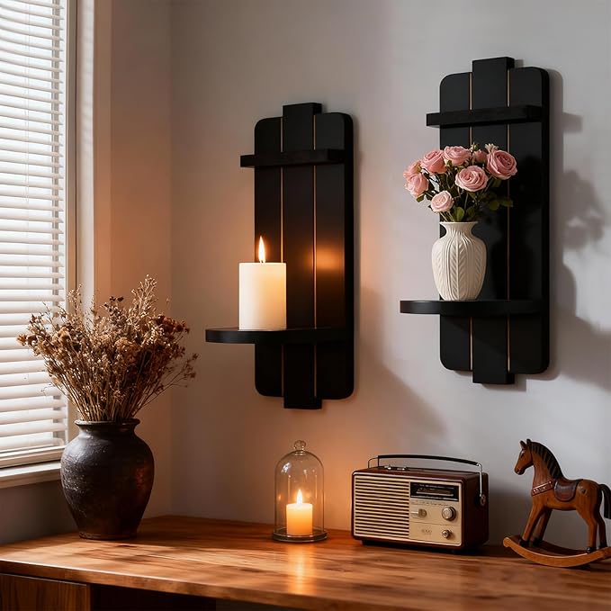 Rustic Candle Holder Set of 2 – Vintage Black Wooden Wall Sconces for Fireplace, Bedroom & Living Room – Farmhouse Wall Decor with Candle Shelf for Home, Aisle, Hallway