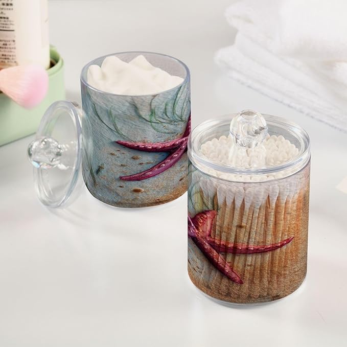 2 Pack Apothecary Jars,Starfish on Sand Bathroom Vanity Storage Organizer Set,Small Clear Plastic Storage Jars Bathroom Canister for Cotton Swabs,Rounds,Balls,Qtips,Makeup Sponges