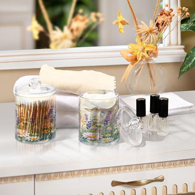 Nander 2Pack Beautiful Spring Wildflowers and Butterflies Qtip Holder Dispenser -Clear Plastic Apothecary Jars Set - Restroom Bathroom Makeup Organizers Containers for Cotton Swab, Ball, Pads, Floss