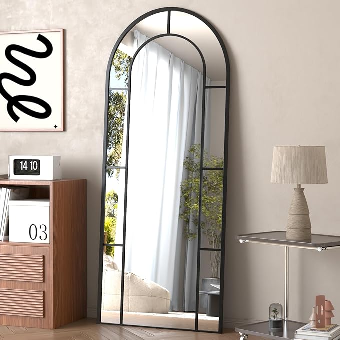 Rowjut Arched Wall Mirror 56" x 22" Window ＆ Wall Decorative Mirror, Iron Framed Window Pane Mirrors, Arched Top Wall Mirror for Entryway Living Room, Bedroom, Fireplace (Black)