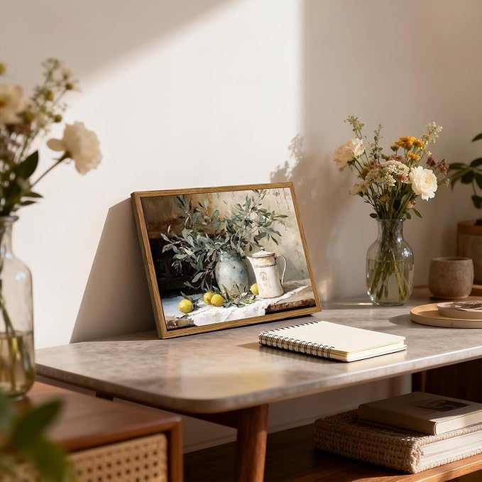 Framed Vintage Kitchen Wall Art, Rustic Yellow Lemon Still Life Pictures Wall Decor, Country Botanical Paintings Canvas Prints Farmhouse Home Decor for Dining Room Living Room 12x16 inch