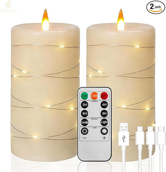 HaitanghuaRechargeable Flameless Candles, LED Candles, Candles with Remote and Timers, Real Wax Pillar Candles, with Flickering Embedded Star String，Ivory White, Set of 2