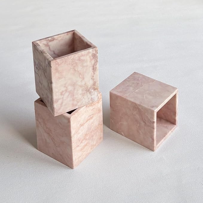 Natural Marble Stone Square Storage Container Empty Vessel Holder Cup for Candle/Pens/Sundries items (Cream Rose)