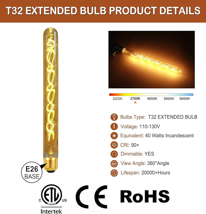 40 Watt Decorative Vintage LED Light Bulbs, Golden T32 Extended Bubble 4W LED Filament Edison Bulb,2700K Oversized Warm Lights,Dimmable E26 Lamp Base,1-Pack