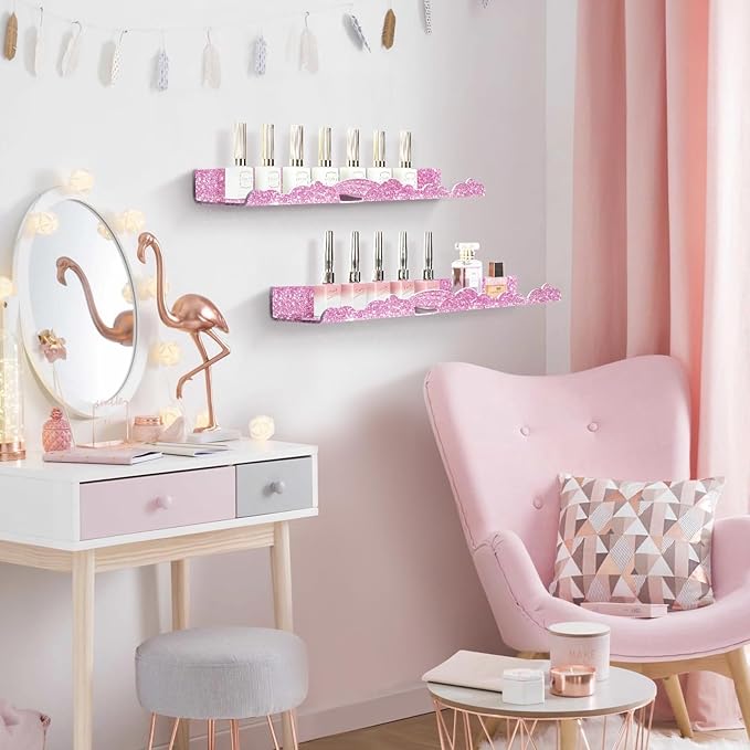 Rainbow Glitter Acrylic Floating Shelves, 23.6" Wall Mounted Nursery Bookshelves, Display Ledge for Books Toys Cosmetic Storage, Bathroom Bedroom Living Room Wall Organizer, 2 Pack, Pink