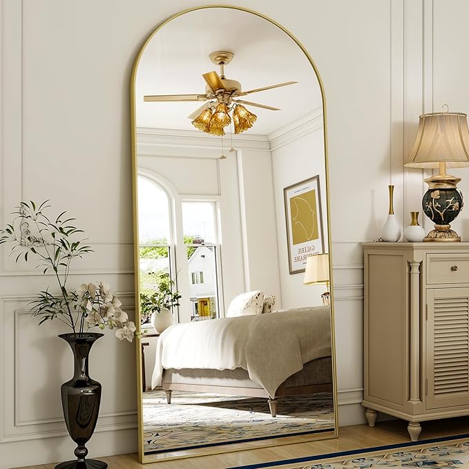 XRAMFY 78"x38" Arched Full Length Mirror with HD Real Glass, Aluminum Frame, Shatter-Resistant, Wall Mounted or Standing, Gold Floor Mirror for Bedroom & Dressing Room