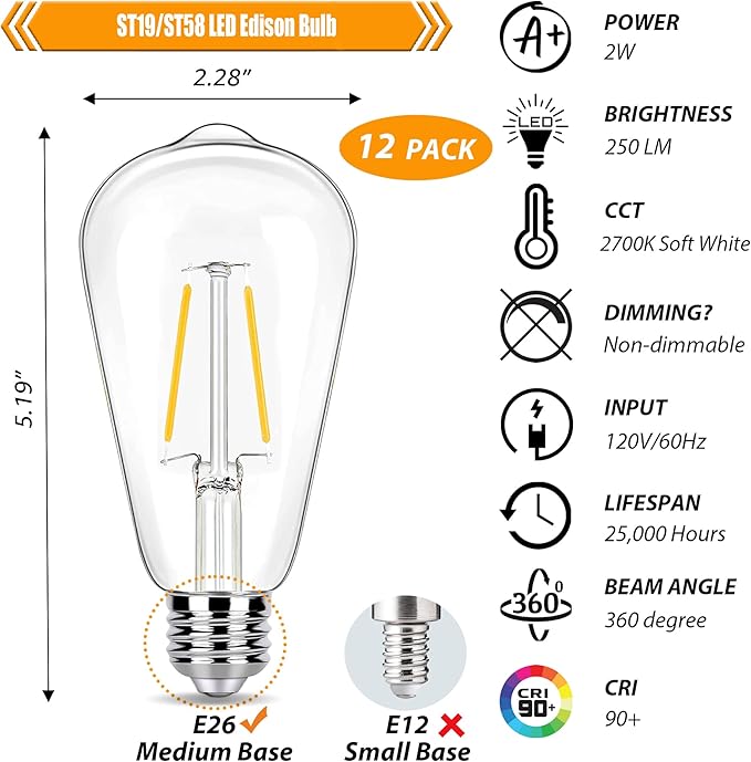 12 Pack 2W LED Edison Bulbs, 25 Watt Light Bulbs Equiv, 2700K Soft Warm with E26 Standard Base, LED ST19 Low Watt Light Bulbs, 250LM, Not-Dimmable, 120V