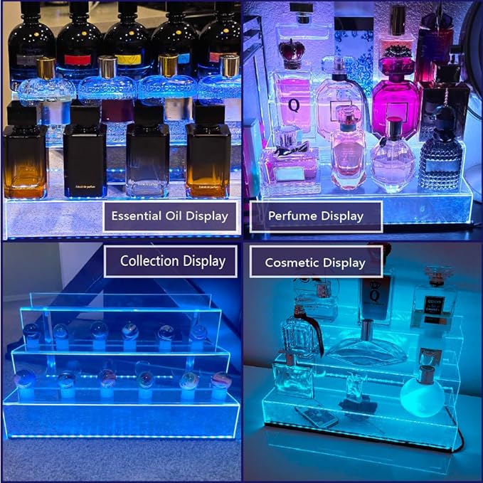 YMVV 15.7 IN Clear Acrylic Display Riser Shelf with LED light,3 Tier Display Step Shelves Holder, Perfume Cologne Organizer Holder,Pops Toys Figures, Clear Cupcake Riser, Dessert Shelf ,2 Pack