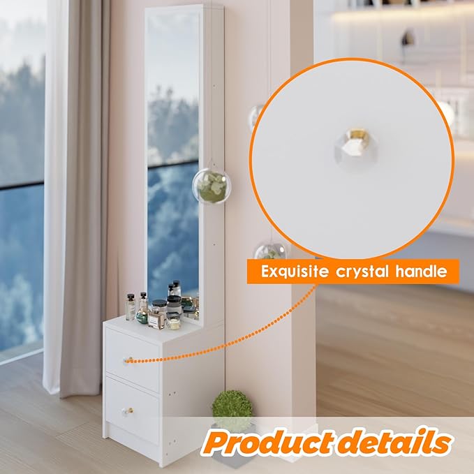 anwickjeff Full-Length Mirror with Storage, Standing Nightstand Mirror Cabinet with 2 Drawers & 4 Shelves, Makeup Storage Organizer, Gift for Women Girls (White)
