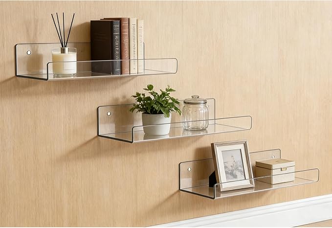 Acrylic Floating Shelves, 15.7 Inch Clear Wall Mounted Display Ledge, Invisible Bookshelf for Nursery, Makeup Organizer, Vinyl Records, 2-16 Pack (6)