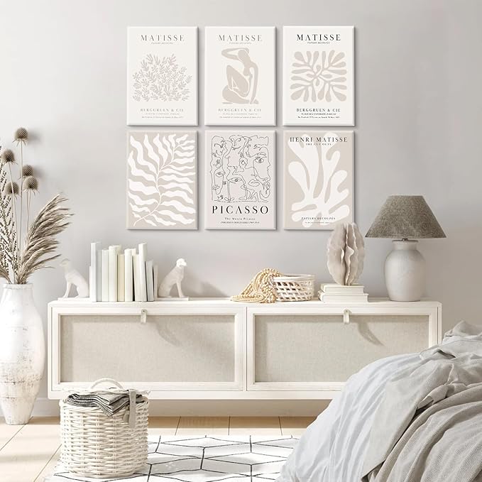Henri Matisse Wall Art Prints Flower Abstract Canvas Pictures Aesthetic Beige Wall Art Decor Matisse Picasso Poster Gallery Vintage Painting Matisse Artwork for Bedroom 12x16 Inch Set of 6 Ready to Hang