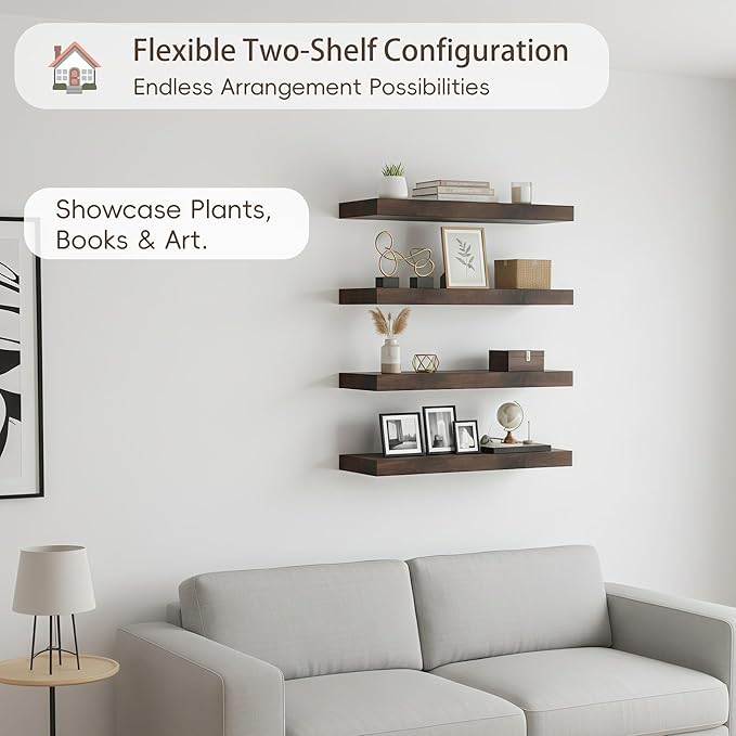 Lufia Floating Wall Shelves, Set of 4, MDF with Invisible Brackets, Modern Storage for Bedroom, Bathroom, Living Room, Kitchen (Rustic Brown, 15.8" W x 5.5" D x 1.2" H)