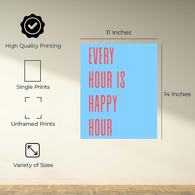 InkFlow Posters Every Hour Happy Hour Poster - Modern Typography Quote Art - Blue Red Minimal Design - Kitchen Bar Wall Decor Accent - Contemporary Home Print - 11x14 Unframed Canvas Print