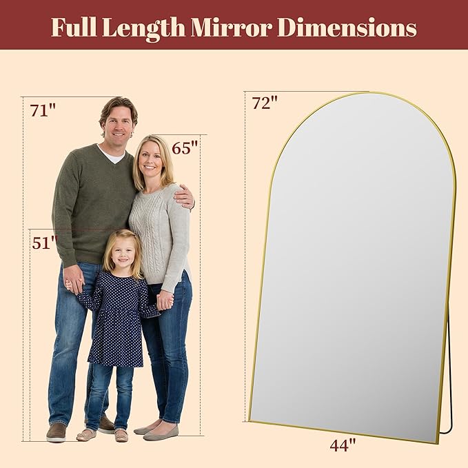 Suidia 72"x44" Arched Full Length Mirror with Stand, Full Body Mirror with Aluminum Frame, Freestanding/Leaning/Wall-Mounted, Floor Mirrors for Bedroom, Living Room, Entryway, Dressing Room, Gold