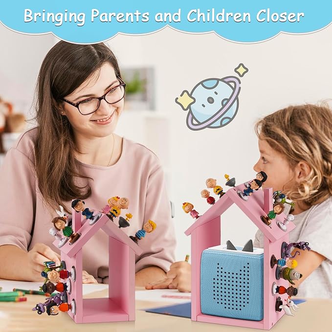 for Tonies Shelf Magnetic - for Tonies Figure Organizer Kids Room, Wooden Display Shelf for Tonies Box Holder, Wall Floating Shelves Toy Storage, House Shape Set of 2 with 38Pcs Metal Plate (Pink)