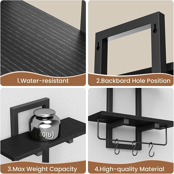 Creso hom Floating Shelves, 15" Wall Shelf Set of 2, Hanging Bathroom Shelves 2-Tier, Wall Mounted Storage Shelves, for Living Room Bedroom Bathroom Kitchen Office Coffee Bar, Black