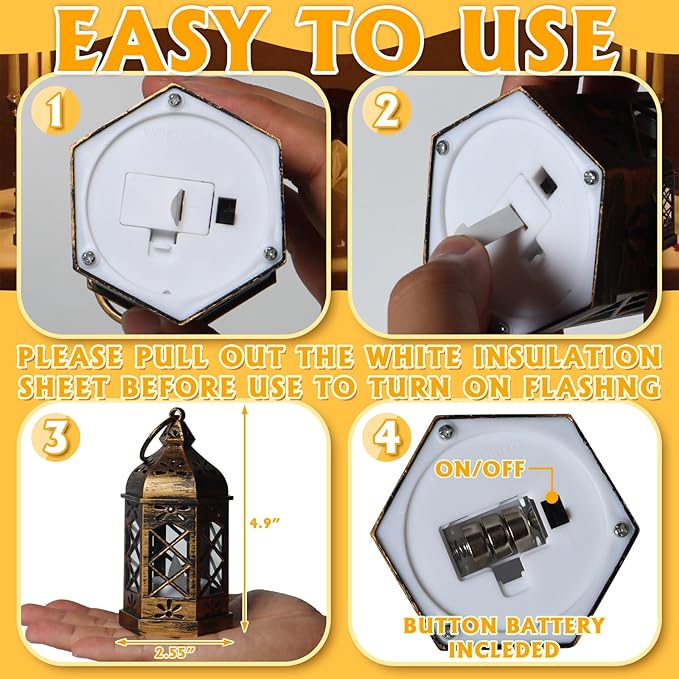 Mini Lantern Decorative, 12Pcs Small Lanterns with LED Candle, Ramadan Decorations, Hanging Vintage Moroccan Lantern Bulk for Easter Wedding Xmas Party Table Centerpiece, Brushed Brass