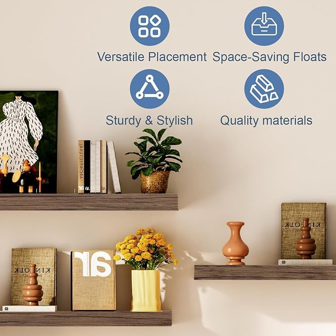 Floating Shelves for Wall, Bathroom Shelves Over Toilet, Wall Shelves & Book Shelf, Hanging Shelf, Modern Wooden Wall-Mounted Samll Floating Shelves, 12x7x1.5 in (Smoke-Gray, Set of 2)