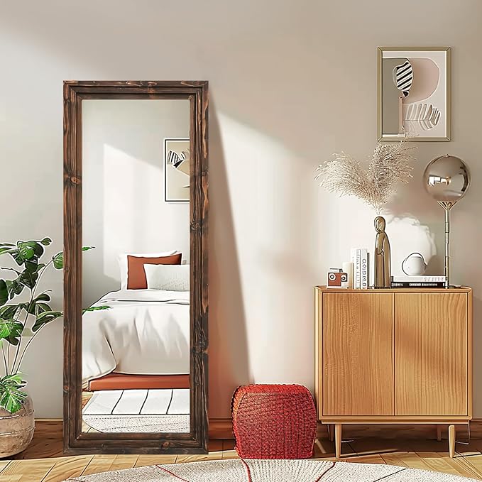 Full Length Mirror 58"x22" Solid Wood Frame Floor Large Mirror for Living Room, Bedroom Hanging or Leaning Wall-Mounted, Brown